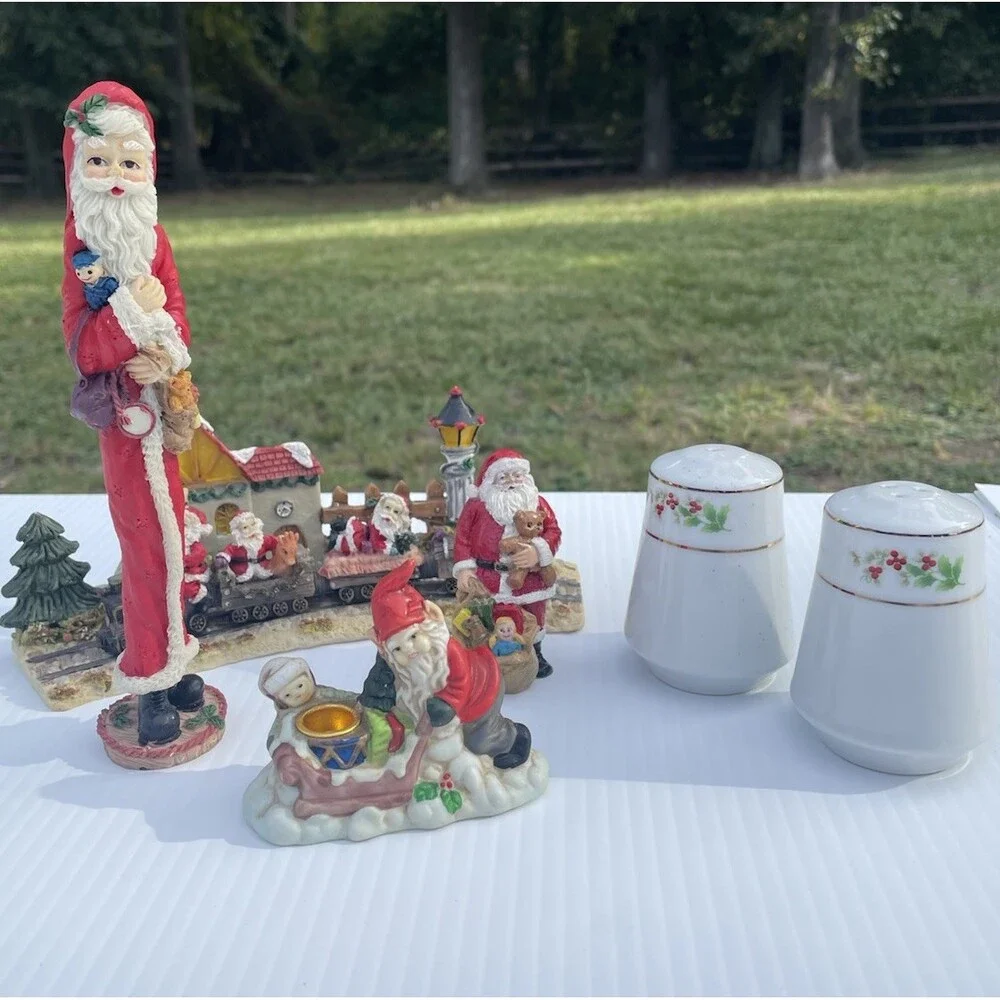 Christmas Santa Figurine Decor Lot Train Gnome Holly Salt Pepper 6 Pc